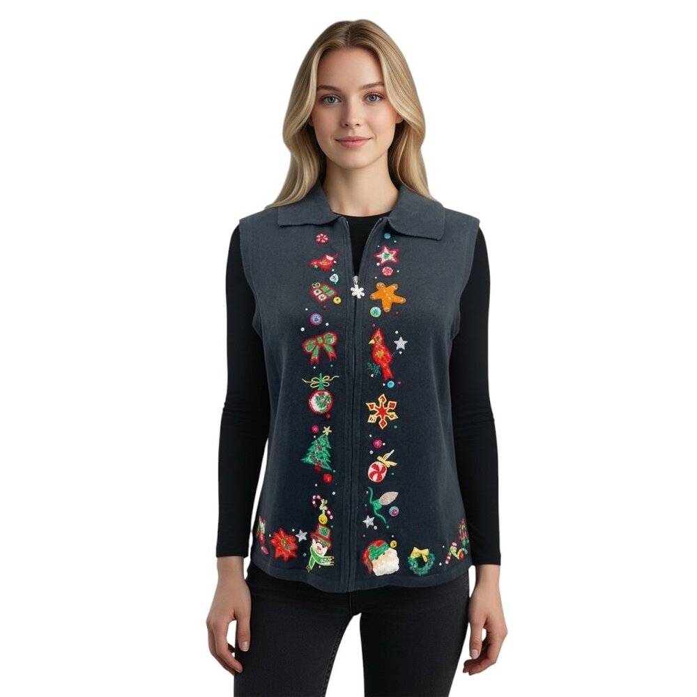 Vtg Design Originals Women Black Christmas Beaded‎ Embroidered Sweater Full Zip